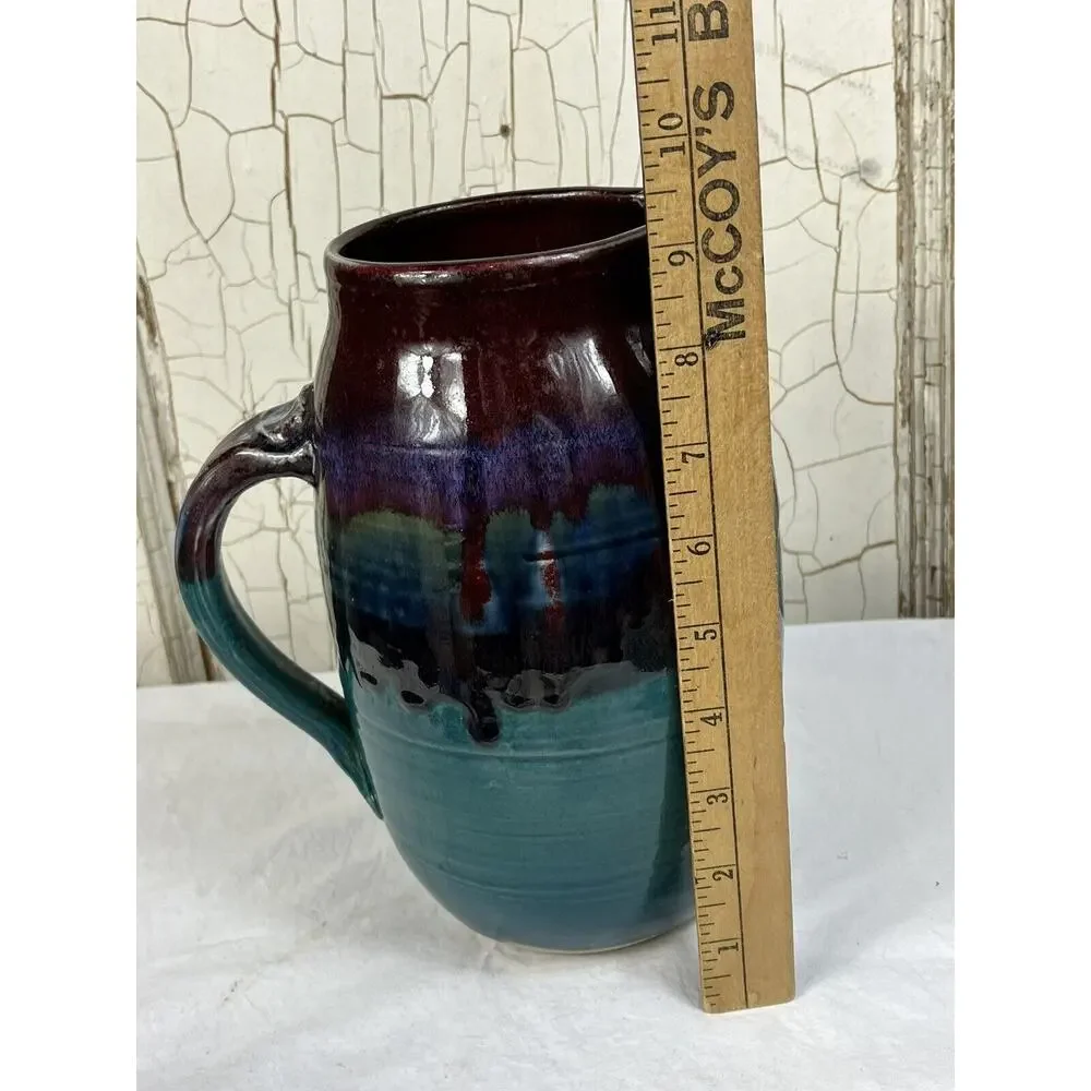 Joe Frank McKee Pottery Jug Jar Hand Thrown 9” Glazed Purple Blues Greens Art